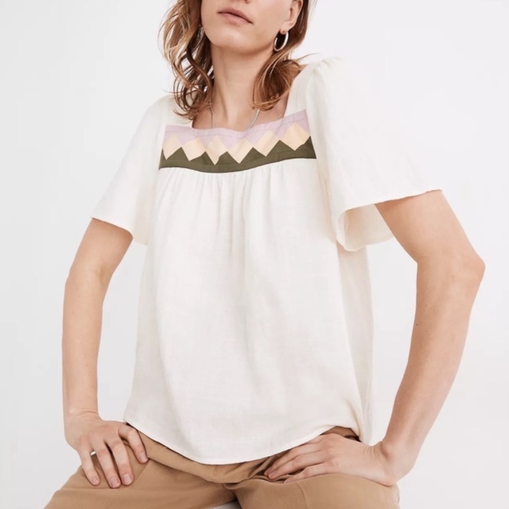 Madewell Patchwork Diamond Print Crinkle Gauze Peasant Top - M